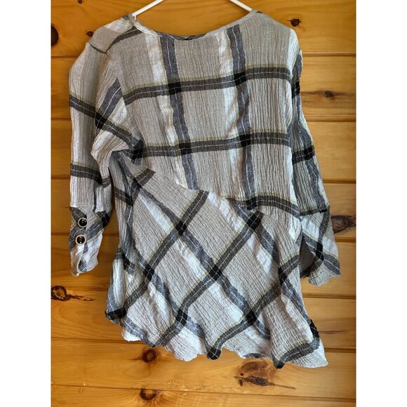 Habitat Womens Plaid Textured Linen Blend Top Size L Asymmetric Hem‎ Long Sleeve - Picture 3 of 12